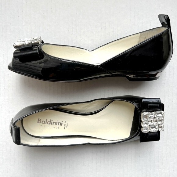 Baldinini Trend Black Patent Leather Jeweled Flats w/ Peep Toe Women EU 35 US 5 - Picture 1 of 15